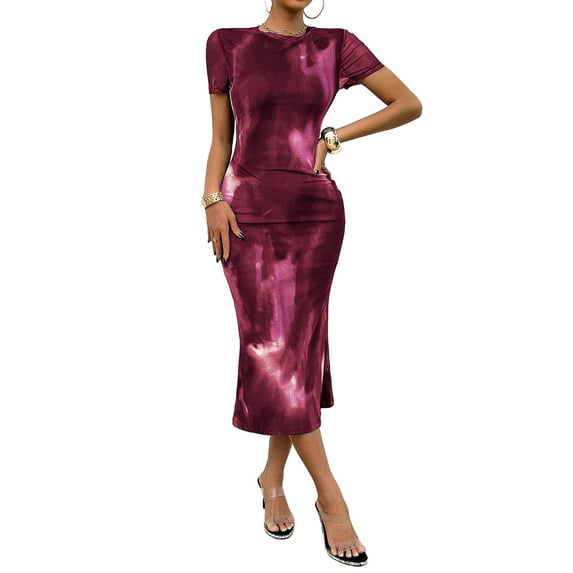 Women'S Tie Dye Crew Neck Hem Bodycon Short Sleves Dress Long Dresses Wine Red XL