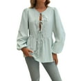 thumbnail image 1 of Women'S Tie Front Babydoll Blouse Tops Long Sleeve Stripe Peplum Ruffle Lace Up Shirts Green M, 1 of 5