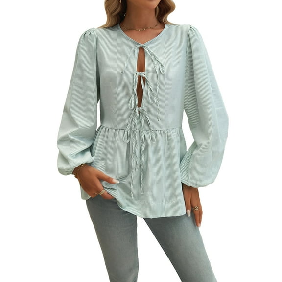 Women'S Tie Front Babydoll Blouse Tops Long Sleeve Stripe Peplum Ruffle Lace Up Shirts Green XL