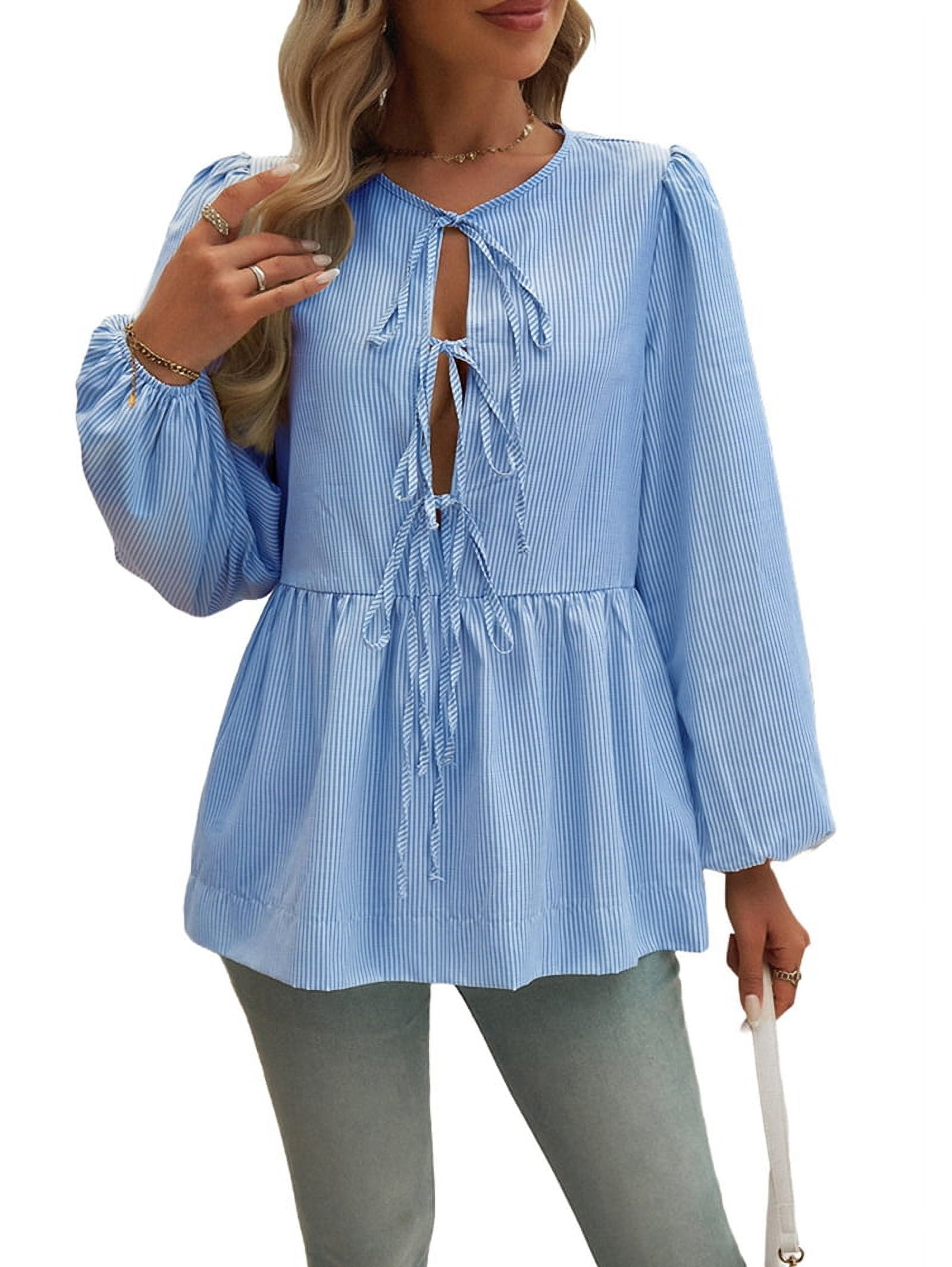 Women'S Tie Front Babydoll Blouse Tops Long Sleeve Stripe Peplum