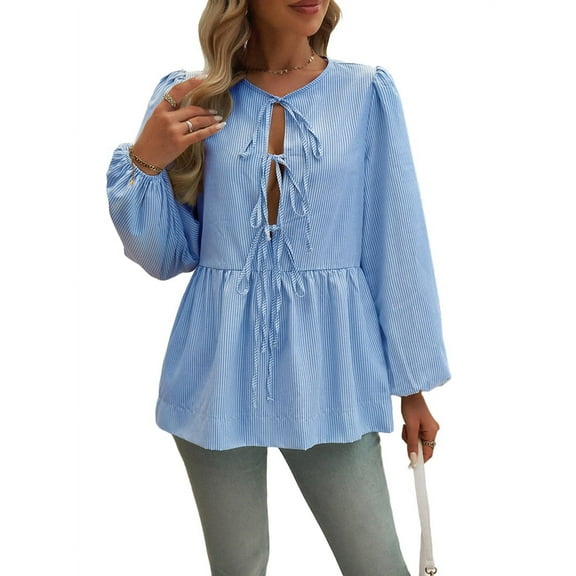 Women'S Tie Front Babydoll Blouse Tops Long Sleeve Stripe Peplum Ruffle Lace Up Shirts Light Blue XL