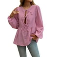 thumbnail image 1 of Women'S Tie Front Babydoll Blouse Tops Long Sleeve Stripe Peplum Ruffle Lace Up Shirts Red S, 1 of 5