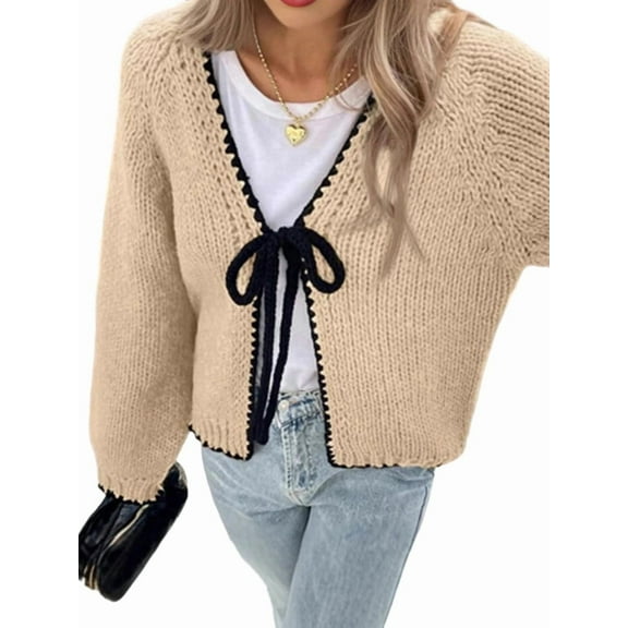 Women'S Tie Front Bow- Cardigan Sweaters Chunky Knit Long Puff Sleeve Trendy Fall Winter Jacket Coats Brown L