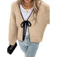 thumbnail image 1 of Women'S Tie Front Bow- Cardigan Sweaters Chunky Knit Long Puff Sleeve Trendy Fall Winter Jacket Coats Brown M, 1 of 5