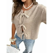 Women'S Tie Front-Bow Cardigan Sweaters Chunky Knit Short Sleeve Trendy Fall Winter Jacket Coats Khaki M