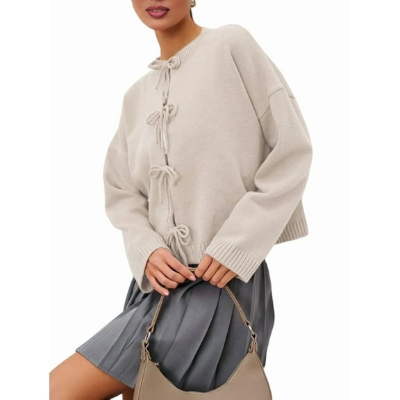 Women'S Tie Front Cardigan Sweaters Chunky Knit Long Puff Sleeve Trendy Fall Winter Jacket Coats Apricot M