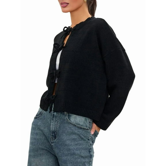 Women'S Tie Front Cardigan Sweaters Chunky Knit Long Puff Sleeve Trendy Fall Winter Jacket Coats Black M