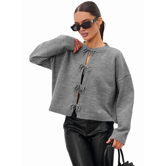 Women'S Tie Front Cardigan Sweaters Chunky Knit Long Puff Sleeve Trendy Fall Winter Jacket Coats Gray S