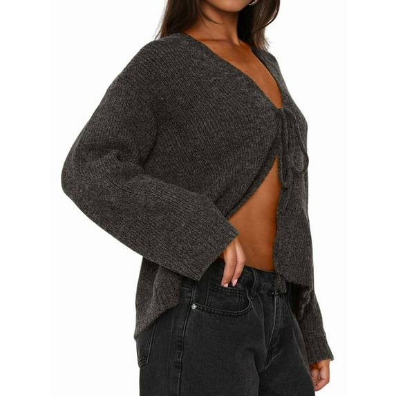 Women'S Tie Front Cropped Cardigan Sweater V-Neck Open Front Sweater Crochet Cable Ribbed Knit Top Gray M