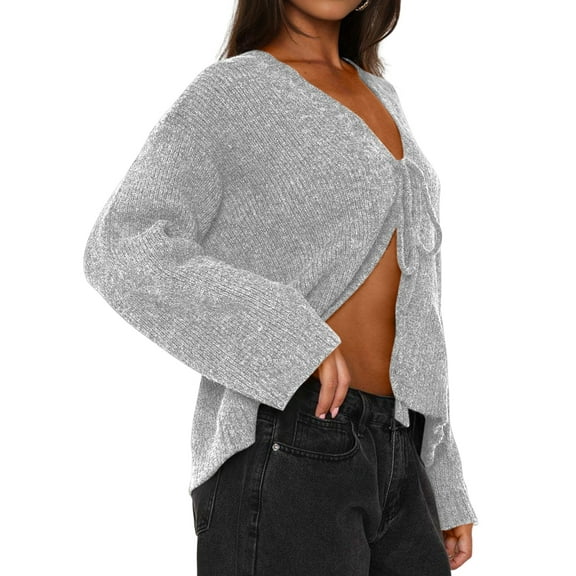 Women'S Tie Front Cropped Cardigan Sweater V-Neck Open Front Sweater Crochet Cable Ribbed Knit Top Light Gray S