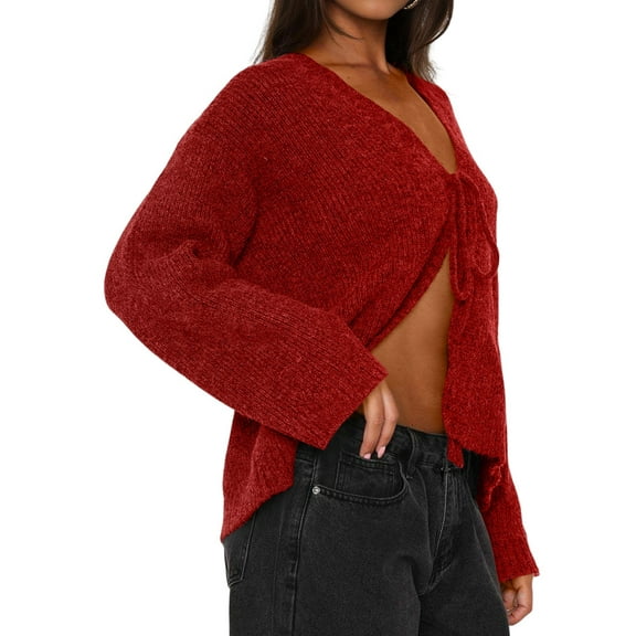 Women'S Tie Front Cropped Cardigan Sweater V-Neck Open Front Sweater Crochet Cable Ribbed Knit Top Red M