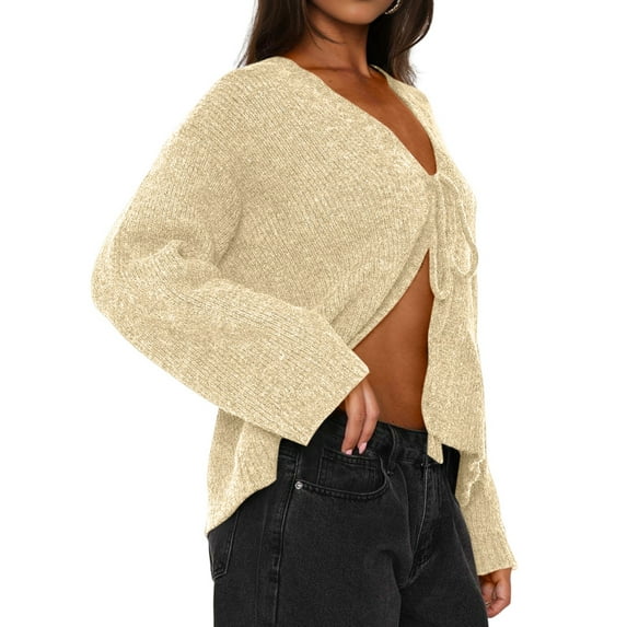 Women'S Tie Front Cropped Cardigan Sweater V-Neck Open Front Sweater Crochet Cable Ribbed Knit Top S