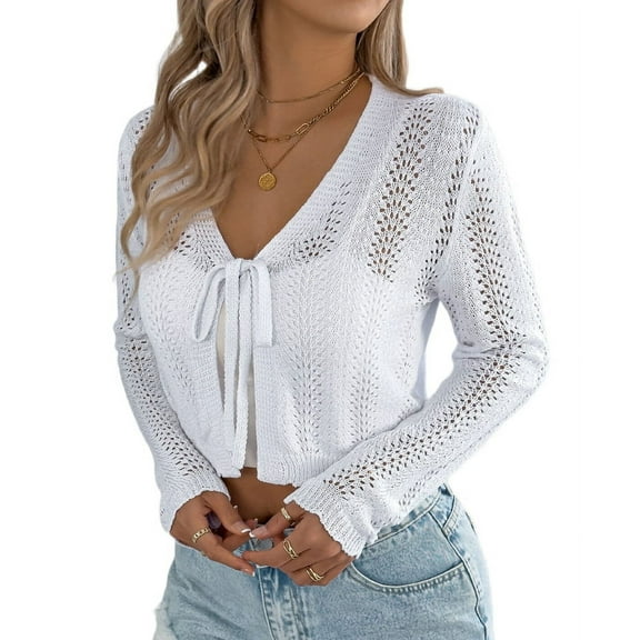 Women'S Tie Front Long Sleeve Scalloped Crop Cardigan Knit Top White XL