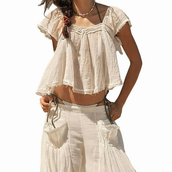 Women'S Tie Front Ruffle Boho Sheer Short Sleeve Lace Blouse Y2k Embroidered Babydoll Button Down Shirts White S