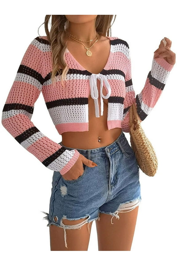 Mawalde Women'S Tie Front Tops Bell Long Sleeve Knit Crochet Cardigan Crop Top Pink L