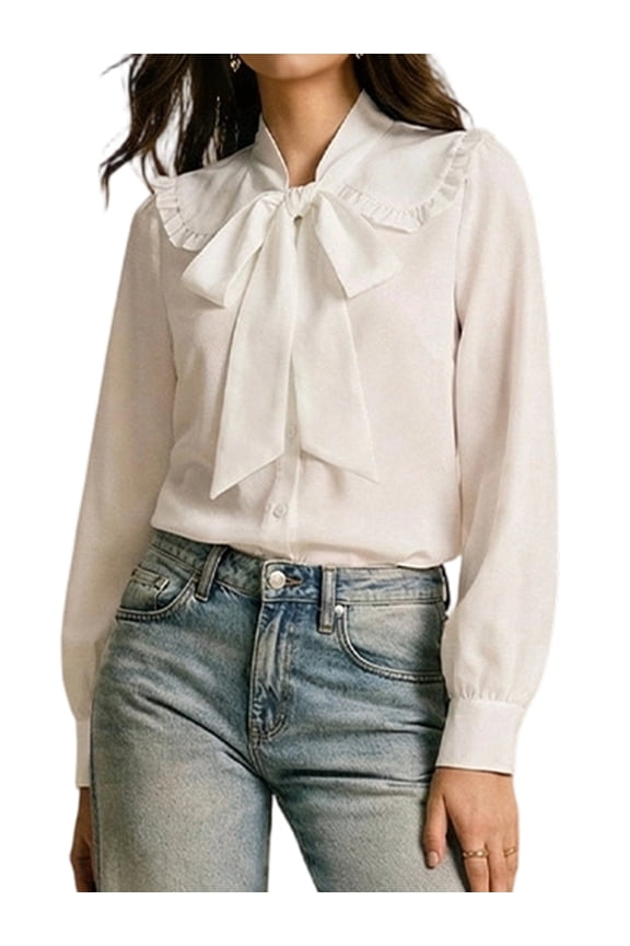 Women'S Tie Neck Blouse - Button Down Long Sleeve Collared Shirt White M
