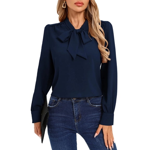 Women'S Tie Neck Blouse Long Sleeve Work Shirt for Office Business Professional Dressy Casual Tops Navy Blue L