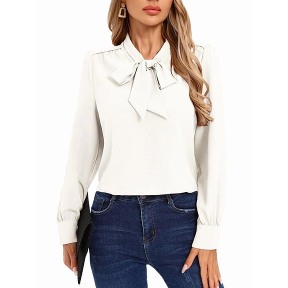 Women'S Tie Neck Blouse Long Sleeve Work Shirt for Office Business Professional Dressy Casual Tops White S