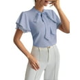 thumbnail image 1 of Women'S Tie Neck Blouse Ruffle Cap Sleeve Elegant Work Office Shirt Tops Light Blue XL, 1 of 6