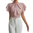 thumbnail image 1 of Women'S Tie Neck Blouse Ruffle Cap Sleeve Elegant Work Office Shirt Tops Pink S, 1 of 7