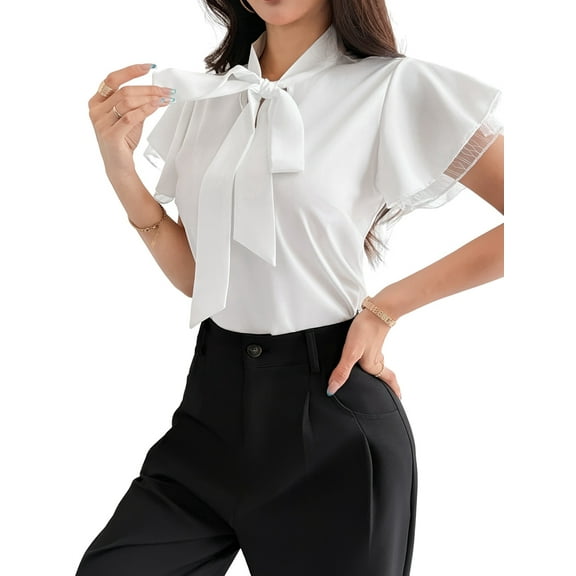 Women'S Tie Neck Blouse Ruffle Cap Sleeve Elegant Work Office Shirt Tops White XXL