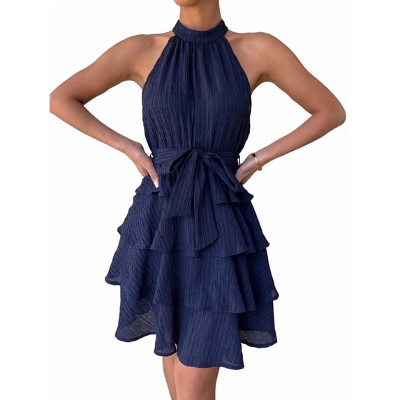 Women'S Tie Sleeveless Ruffle Hem Dress Patchwork Design Summer Chic Beach Party Gown Blue M