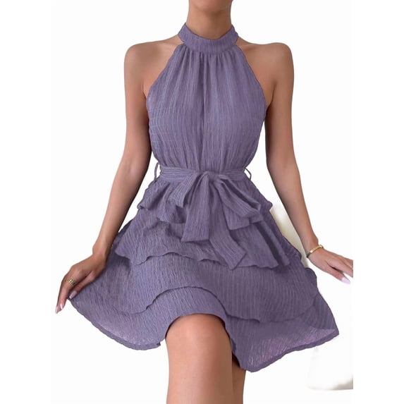 Women'S Tie Sleeveless Ruffle Hem Dress Patchwork Design Summer Chic Beach Party Gown XL