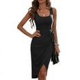 thumbnail image 1 of Women'S Tie Waist Sleeveless Faux Wrap Ruched Sheath Bodycon Cocktail Party Work Dress Black L, 1 of 9
