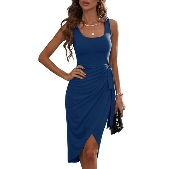 Women'S Tie Waist Sleeveless Faux Wrap Ruched Sheath Bodycon Cocktail Party Work Dress Royal Blue M