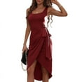 thumbnail image 1 of Women'S Tie Waist Sleeveless Faux Wrap Ruched Sheath Bodycon Cocktail Party Work Dress Wine Red M, 1 of 9
