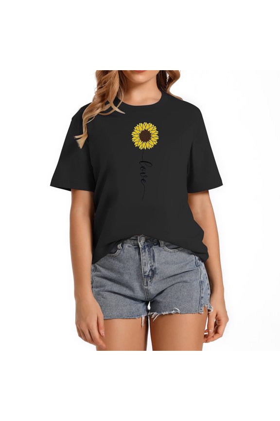 Women'S Top Sunflower Themed Text Print Casual Vac Trendy Women's Graphic Tees - Short Sleeve T-Shirts with Fashionable Prints