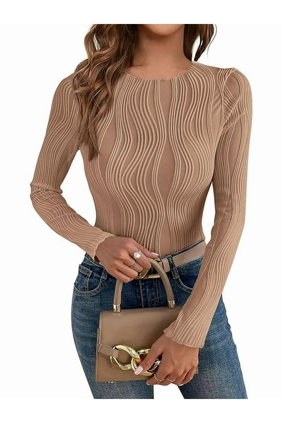 Women'S Tops 2025 Fall Fashion Long Sleeve Crewneck Blouse Slim Fit Textured Basic Knit T Shirt Y2k Clothes Khaki M