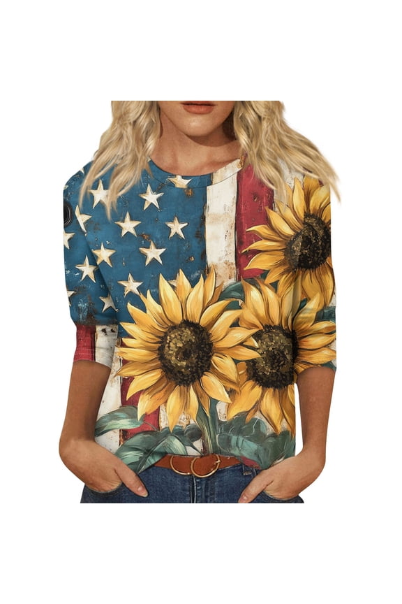 Women'S Tops Casual, 3/4 Length Sleeve 4Th Of July Collar Pullover Top Red White And Royal Blue T Shirt Womens Summer Tops T Shirts Spring For Women Long Tops Tees Tops (S, Navy) ZMTing