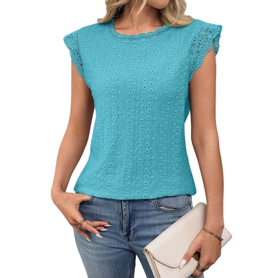 Women'S Tops Casual Crewneck Cap Sleeve Shirts Crochet Knit Texture Tank Top Blouses Turquoise Blue L