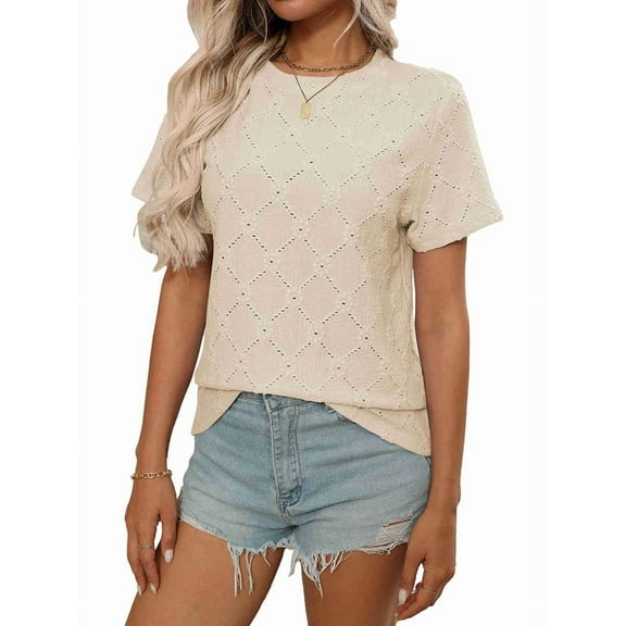 Women'S Tops Casual Scoop Neck Short Sleeve Eyelet Embroidered Hollow Out Blouses Shirts Apricot M