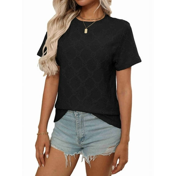 Women'S Tops Casual Scoop Neck Short Sleeve Eyelet Embroidered Hollow Out Blouses Shirts Black XL
