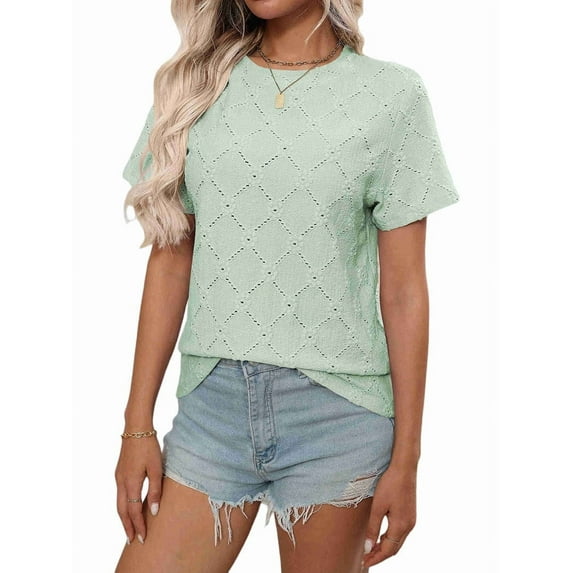 Women'S Tops Casual Scoop Neck Short Sleeve Eyelet Embroidered Hollow Out Blouses Shirts Light green L