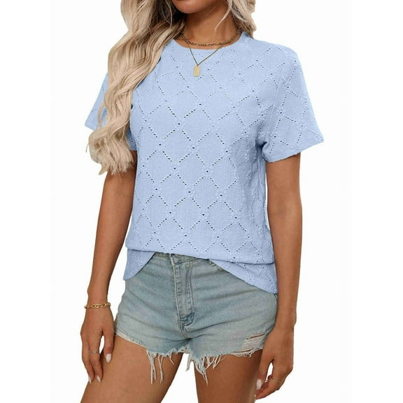 Women'S Tops Casual Scoop Neck Short Sleeve Eyelet Embroidered Hollow Out Blouses Shirts Sky blue M