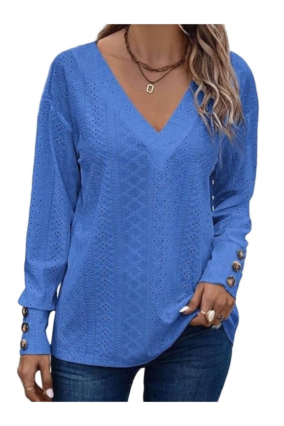 Women'S Tops Dressy Casual V Neck Long Sleeve Buttons Hollow Out Lace Embroidered Blouses Shirts Blue S