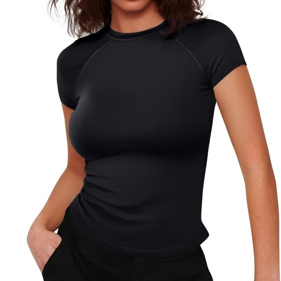 Women'S Tops, Going Out Crop Casual Slim Short Sleeve Crewneck Bottom Shirt Outerwear Tops Spring For Women 2025 Valentine Sweatshirt Tank Tops Off The Shoulder Tops Tunic (S, Black) ZMTing