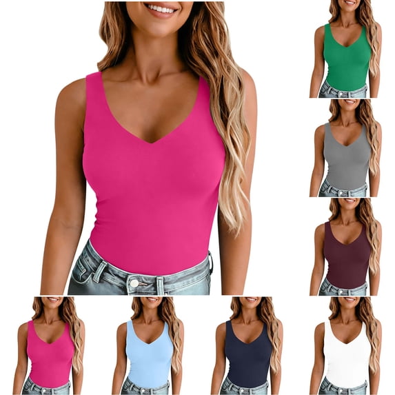 Sawvnm Women's Double Lined V Neck Tank Tops Summer Slim Fit Basic Sleeveless Shirts Cute Trendy Going Out Tops