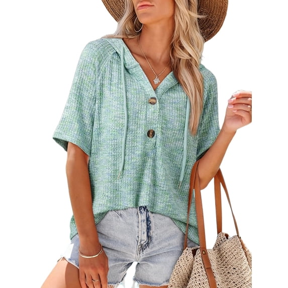 Women'S Tops Short Sleeve Button V Neck Waffle Knit Drawstring Hoodies Casual Blouses Shirts Green XXL