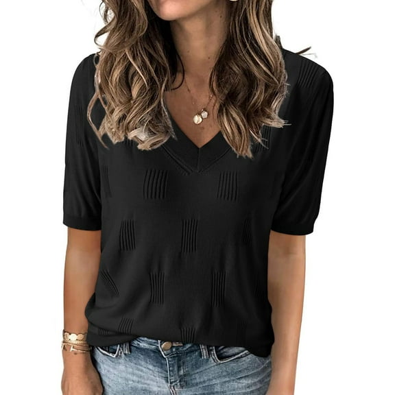 Women'S Tops Spring Summer Short Sleeve Sweater Fashion Trendy Dressy Casual Outfit Versatile Knit Blouse Black M