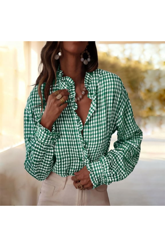 Women'S Tops, Tees & Blouses Gsakboxl Women's French Style Plaid V Neck Button Down Blouse Long Sleeve Shirt With Ruffle Trim Womens Tops