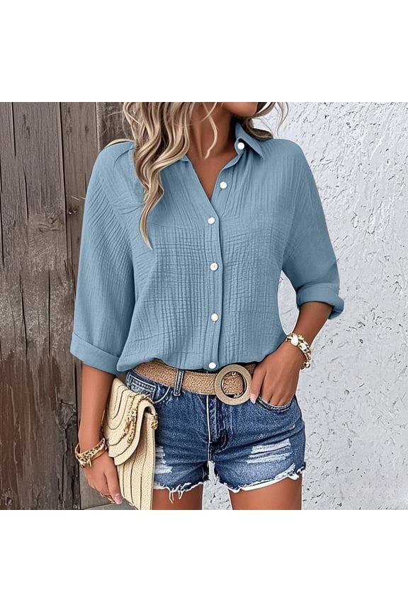 Women'S Tops, Tees & Blouses Gsakboxl Women's Summer Muslin Cotton Linen V Neck Button Up Shirt Rolled 3/4 Sleeve Oversized Solid Color Blouse Loose Breathable Beach Top for Vacation & Daily Wear