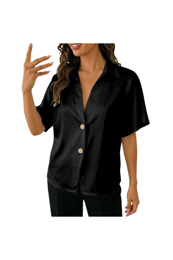 Women'S Tops, Tees & Blouses Short Sleeve Satin Collar French Cropped Womens Blouse,Black,S