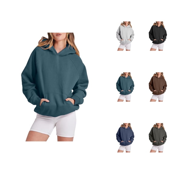 Women'S Tops Women's Solid Color Sweatshirt Women Solid Basic Letter Loose Hoodie Sweatshirt Long Sleeve Pocket Drop Shoulder Pullovers Top