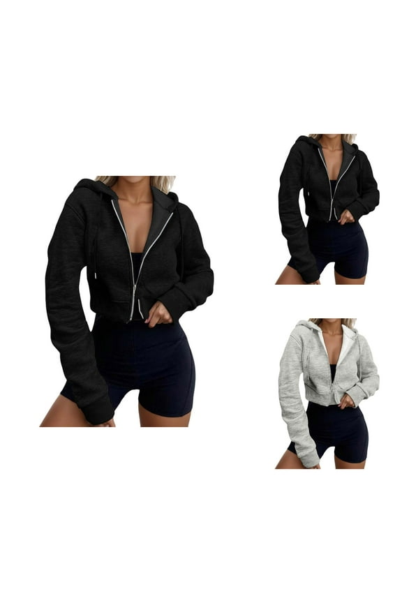 Women'S Tops Women's Solid Color Sweatshirt Women's Casual Zip Up Hoodie Short Cropped Sweatshirt Long Sleeve Pullover Tops For Fall Winter Comfort Wear
