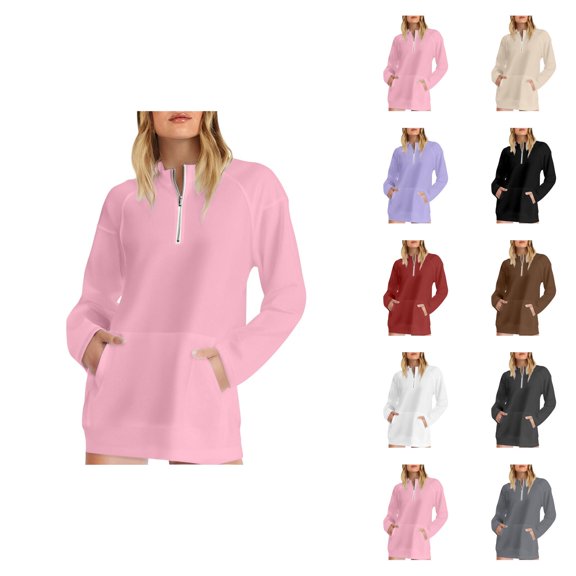 Women'S Tops Women's Solid Color Sweatshirt Women's Half Zip Pocket Hooded Sweatshirt Without