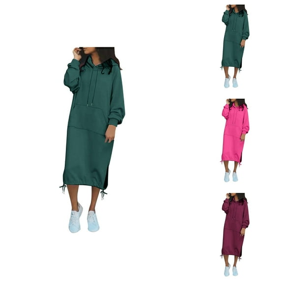 Women'S Tops Women's Solid Sweatshirt Women's Fall Sweatshirt Dresses Casual Long Sleeve Loose Pullover Hoodies Drawstring Split Hem Midi Dress With Pocket